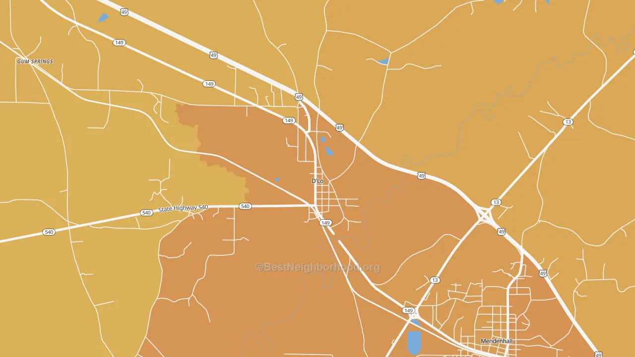 Map of the best neighborhoods in the 39062 area, with better matches in green and worse matches in red