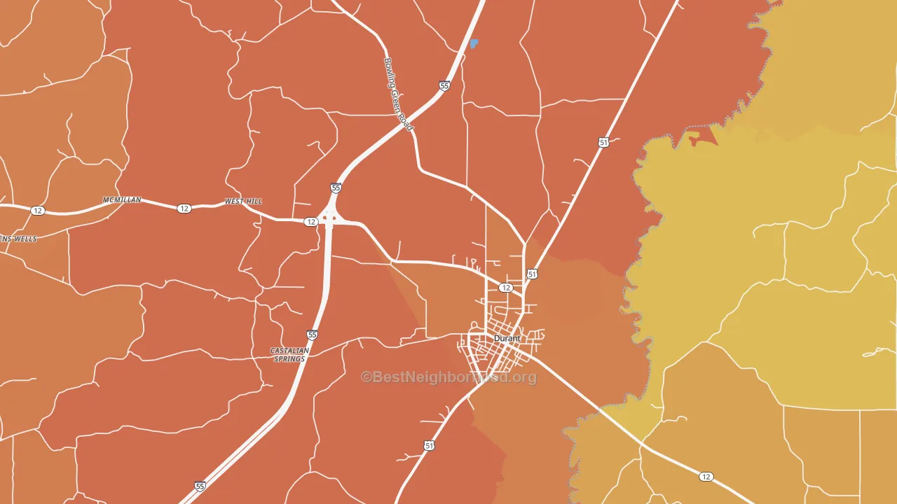 Map of the best neighborhoods in the 39063 area, with better matches in green and worse matches in red