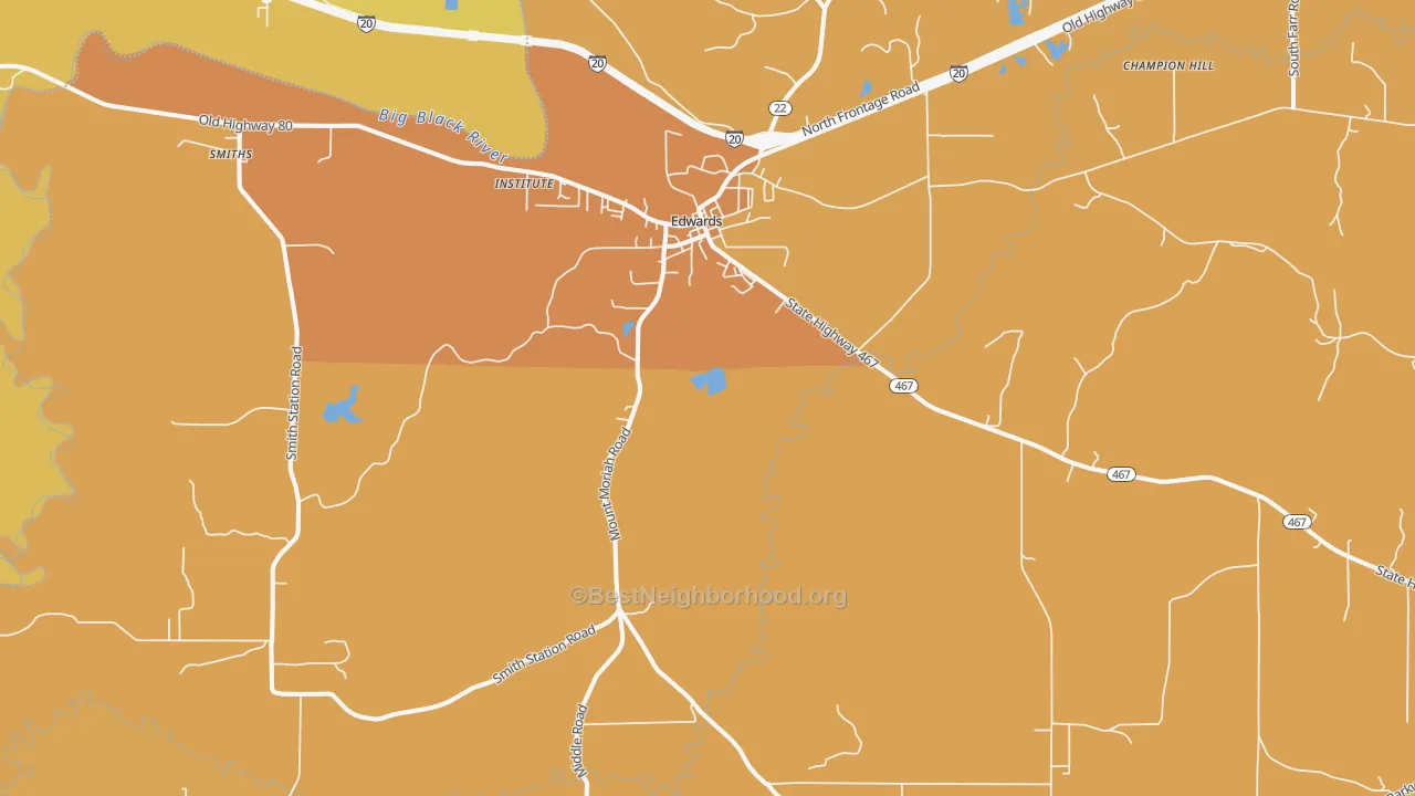 Map of the best neighborhoods in the 39066 area, with better matches in green and worse matches in red