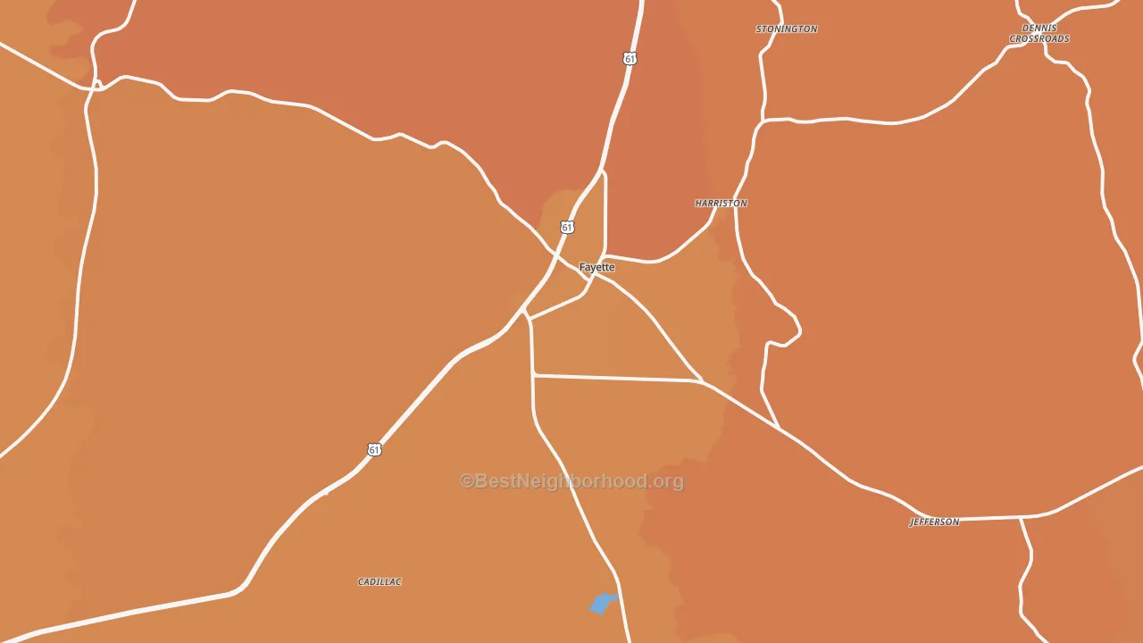 Map of the best neighborhoods in the 39069 area, with better matches in green and worse matches in red