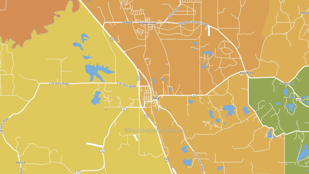 Map of the best neighborhoods in the 39071 area, with better matches in green and worse matches in red