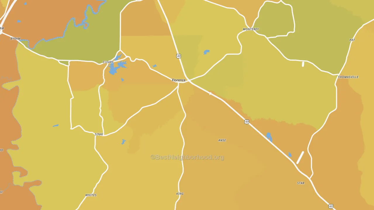 Map of the best neighborhoods in the 39073 area, with better matches in green and worse matches in red