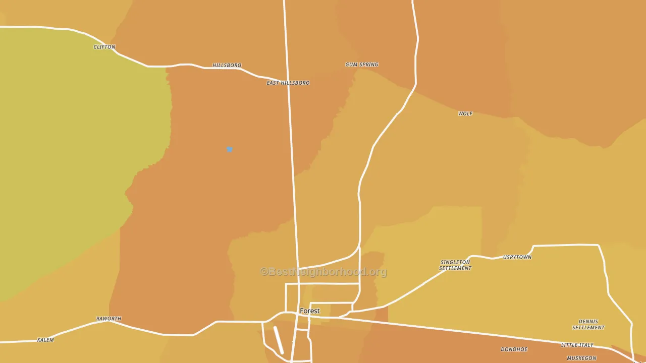 Map of the best neighborhoods in the 39074 area, with better matches in green and worse matches in red