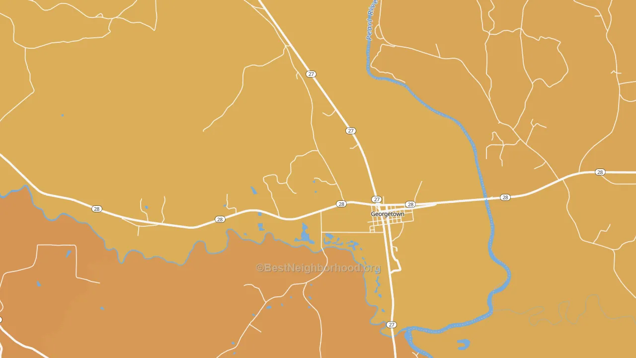 Map of the best neighborhoods in the 39078 area, with better matches in green and worse matches in red