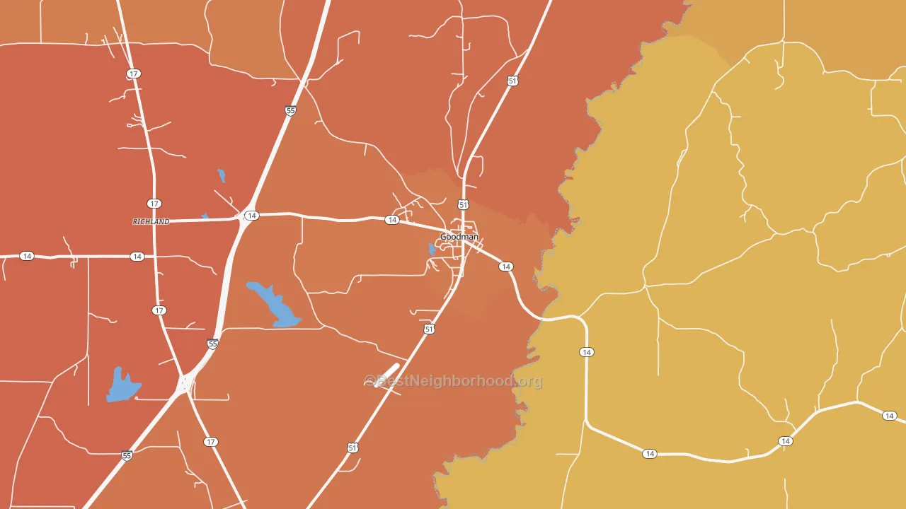 Map of the best neighborhoods in the 39079 area, with better matches in green and worse matches in red