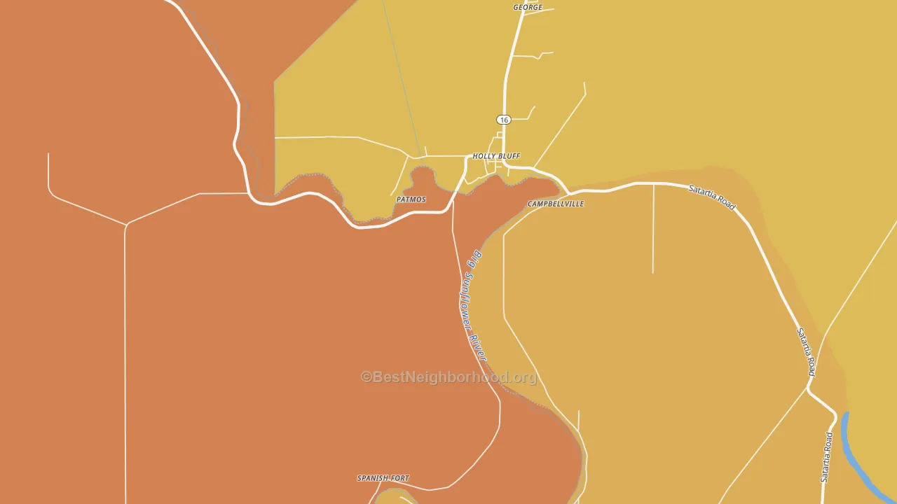 Map of the best neighborhoods in the 39088 area, with better matches in green and worse matches in red