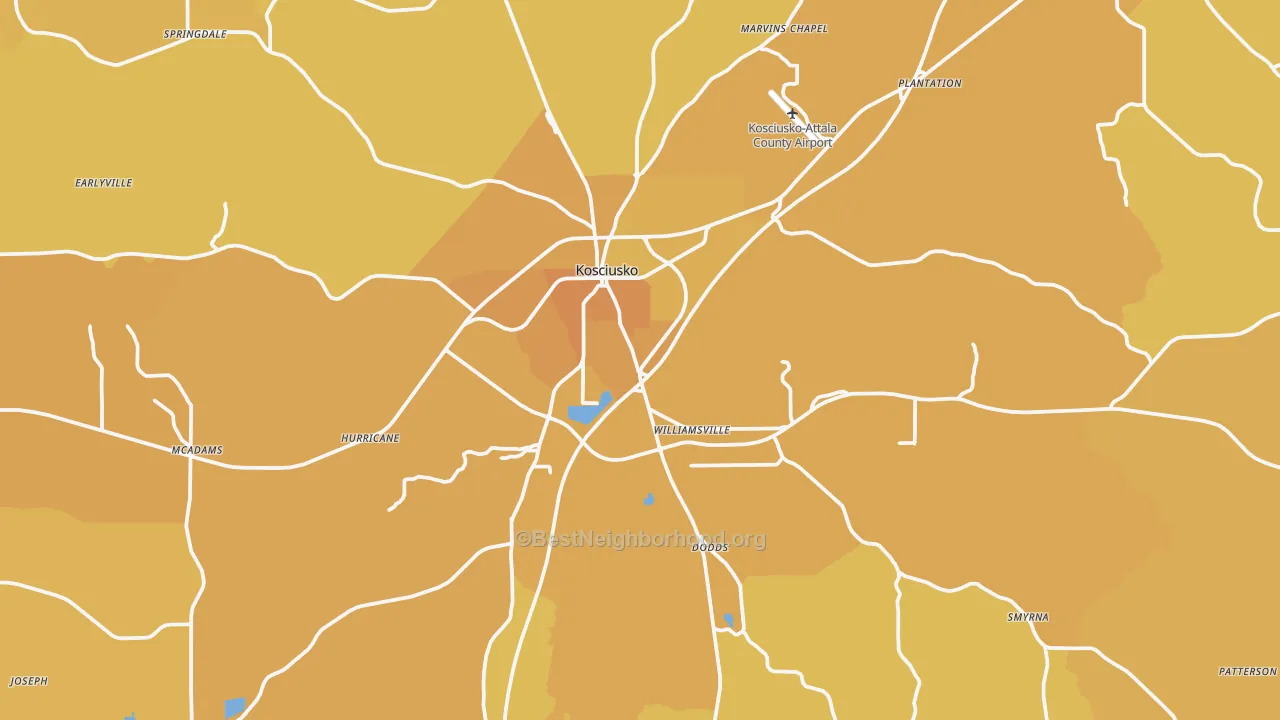 Map of the best neighborhoods in the 39090 area, with better matches in green and worse matches in red