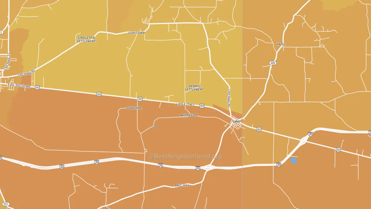 Map of the best neighborhoods in the 39092 area, with better matches in green and worse matches in red