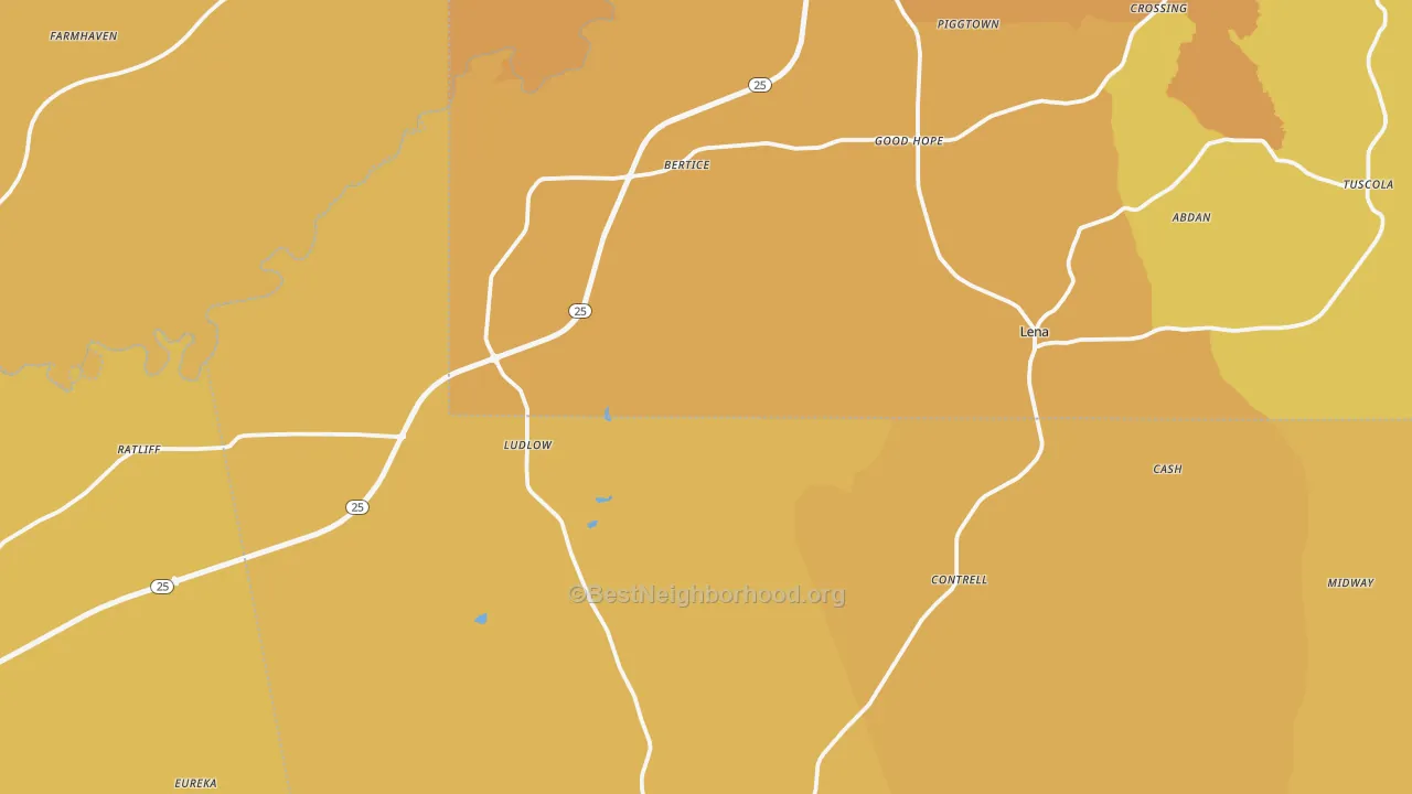 Map of the best neighborhoods in the 39094 area, with better matches in green and worse matches in red
