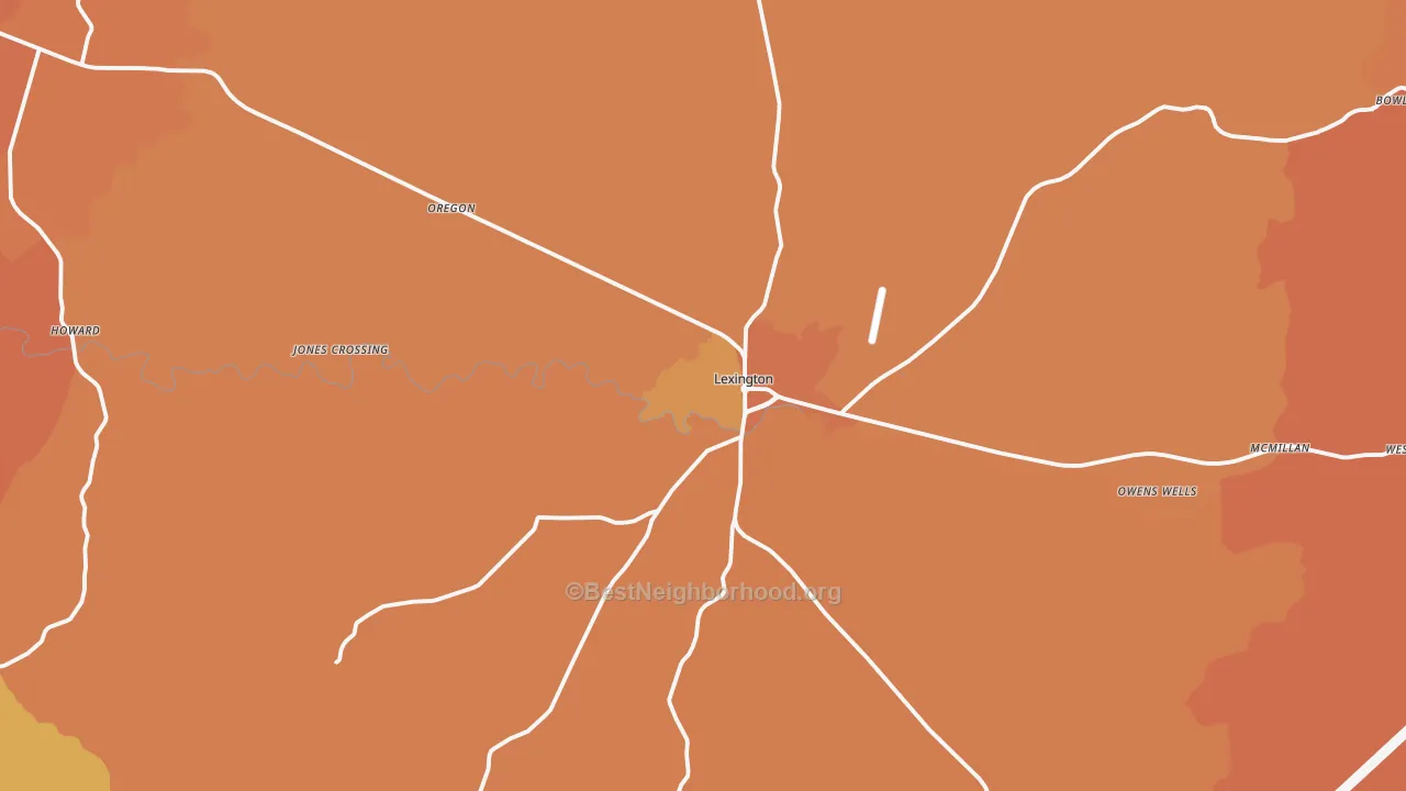 Map of the best neighborhoods in the 39095 area, with better matches in green and worse matches in red