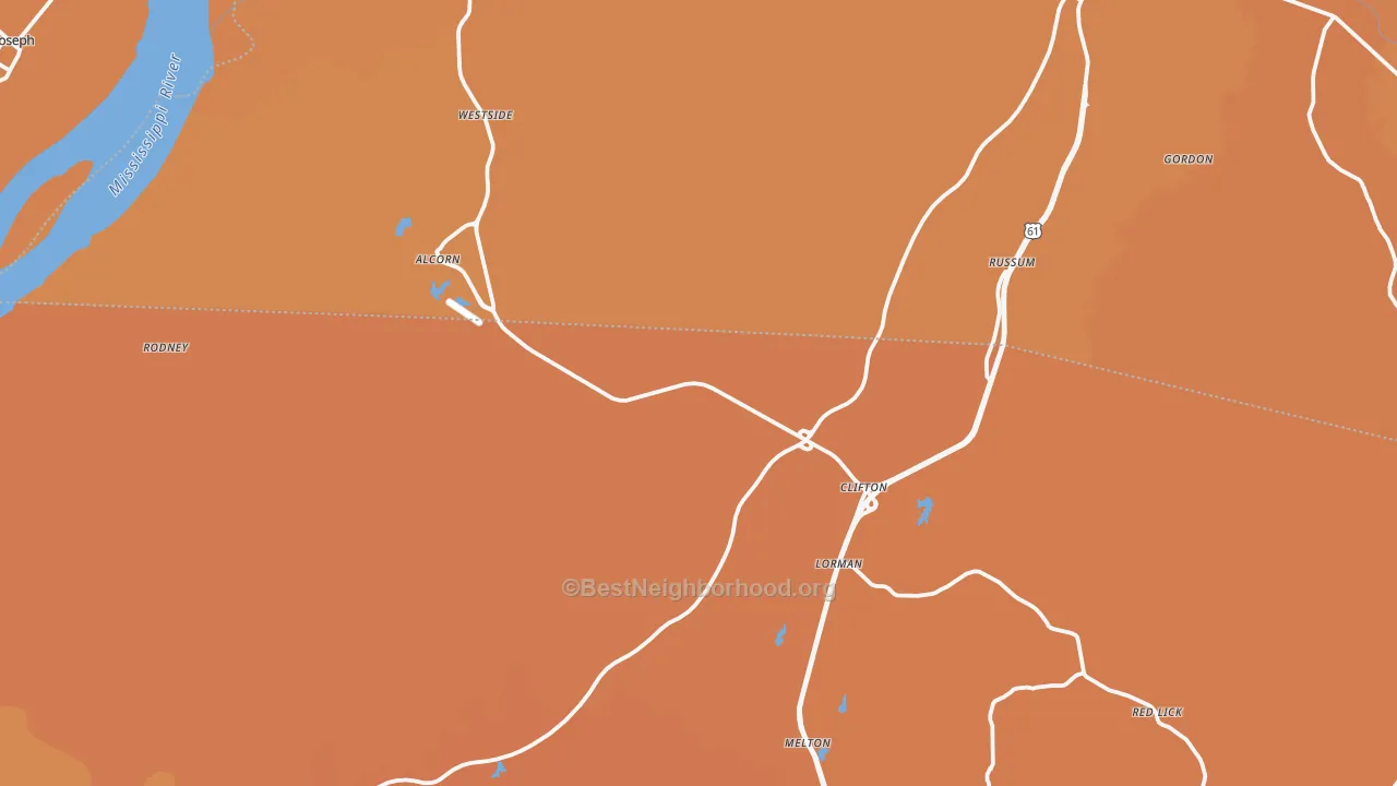 Map of the best neighborhoods in the 39096 area, with better matches in green and worse matches in red