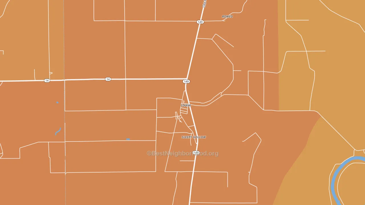 Map of the best neighborhoods in the 39097 area, with better matches in green and worse matches in red