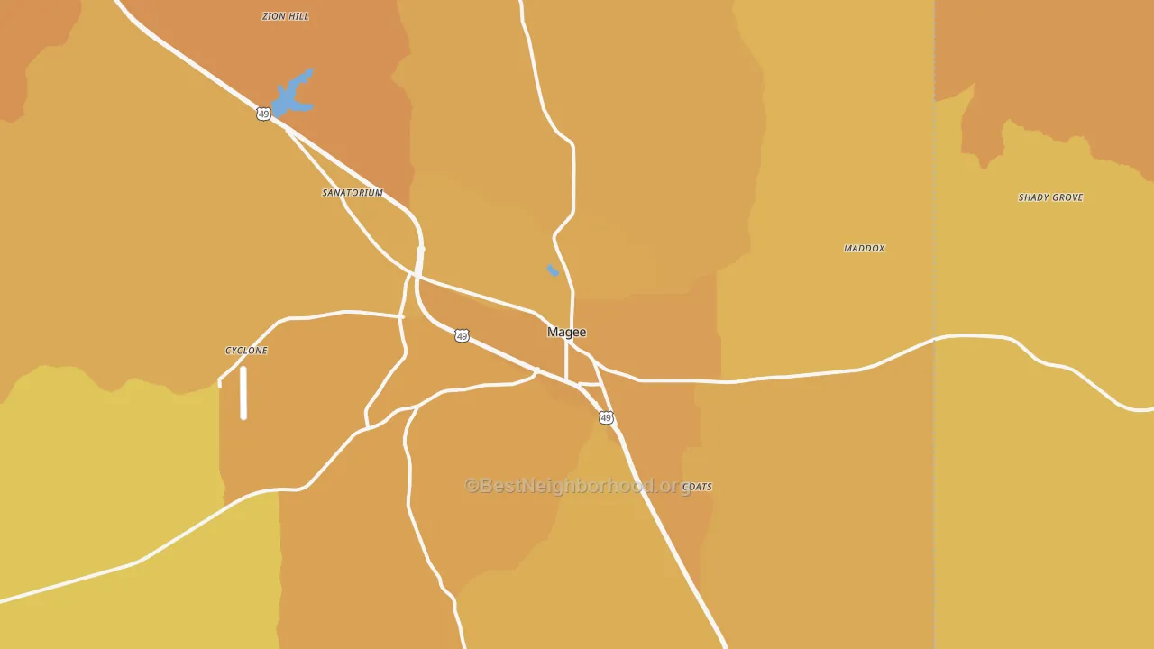 Map of the best neighborhoods in the 39111 area, with better matches in green and worse matches in red