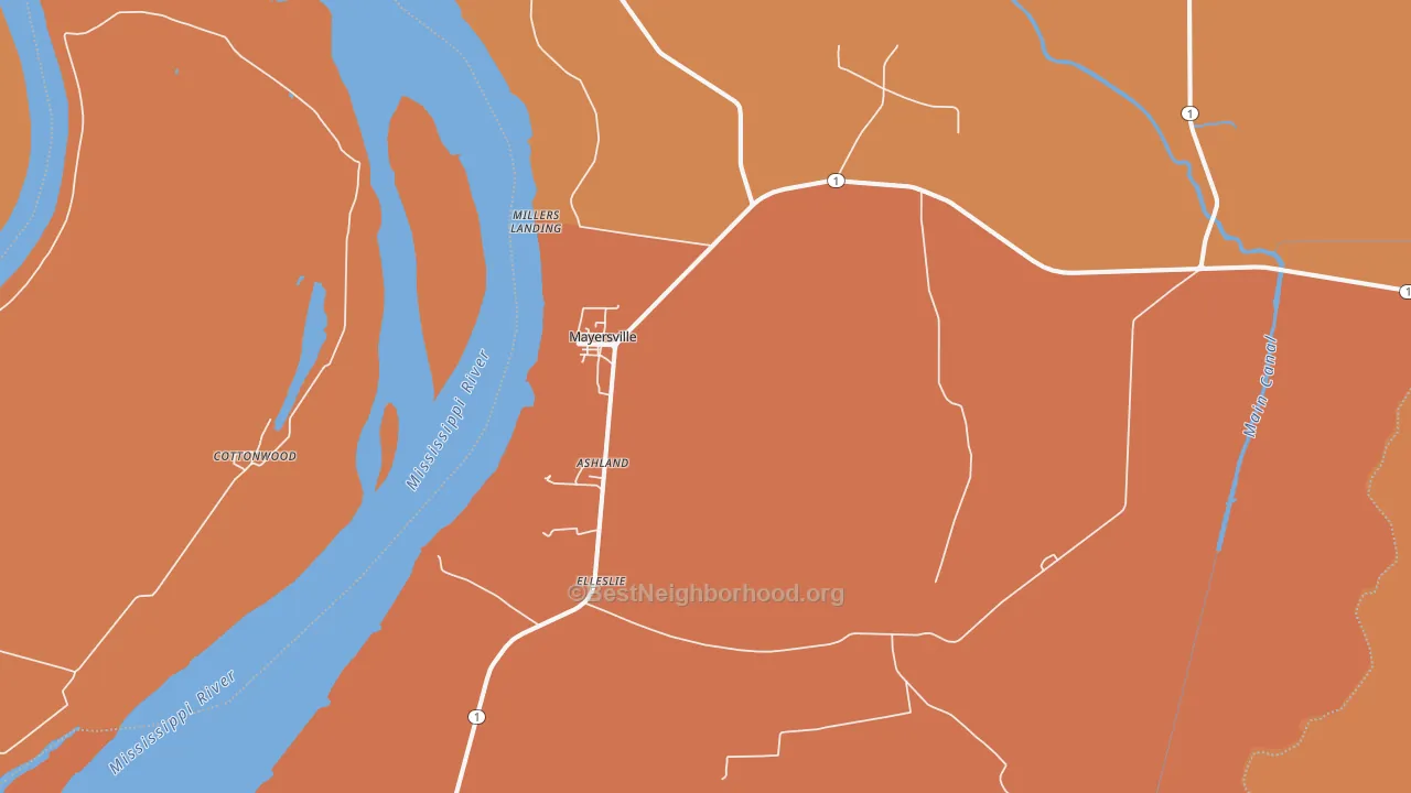 Map of the best neighborhoods in the 39113 area, with better matches in green and worse matches in red