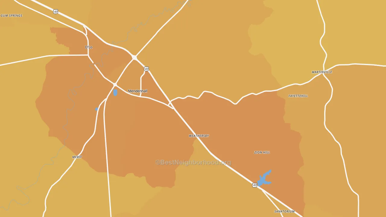 Map of the best neighborhoods in the 39114 area, with better matches in green and worse matches in red
