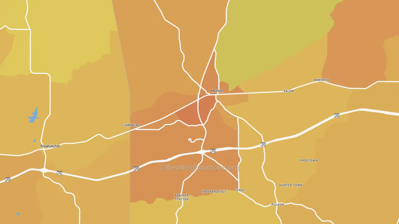 Map of the best neighborhoods in the 39117 area, with better matches in green and worse matches in red