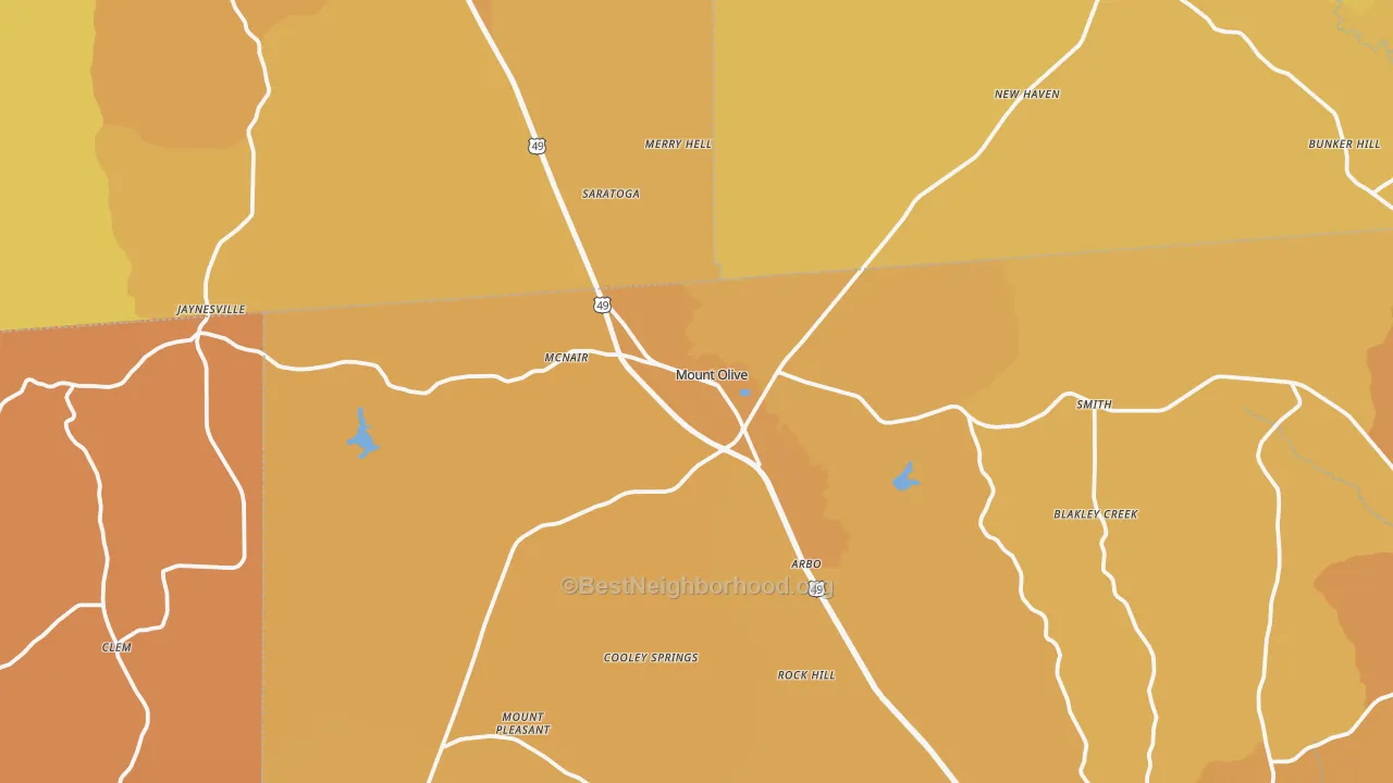 Map of the best neighborhoods in the 39119 area, with better matches in green and worse matches in red