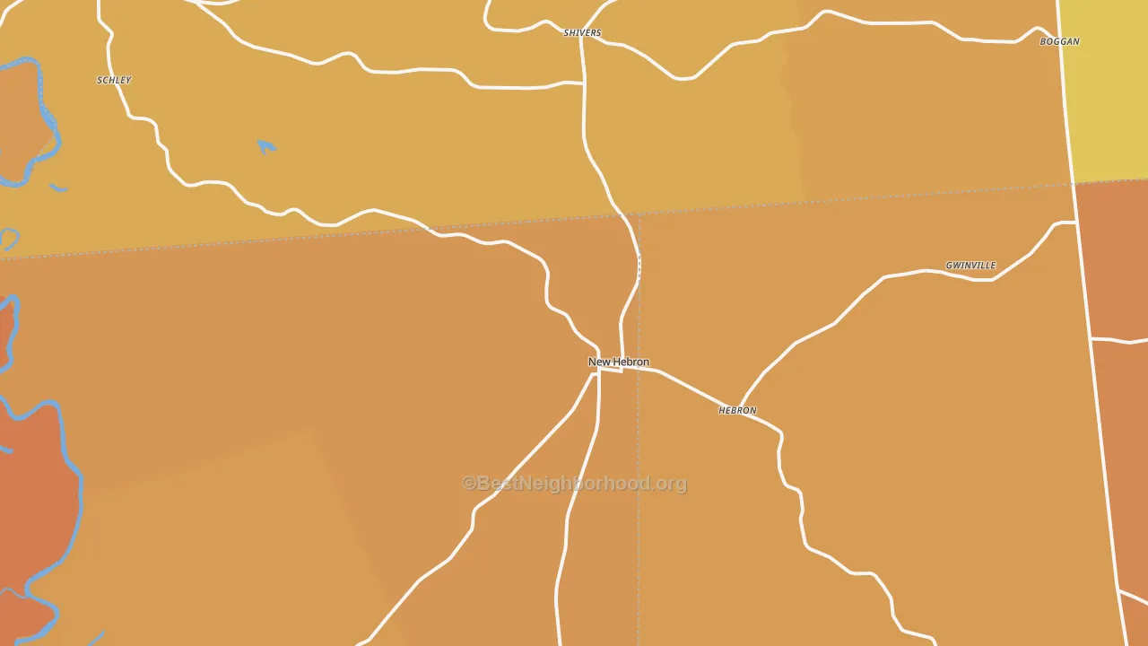 Map of the best neighborhoods in the 39140 area, with better matches in green and worse matches in red