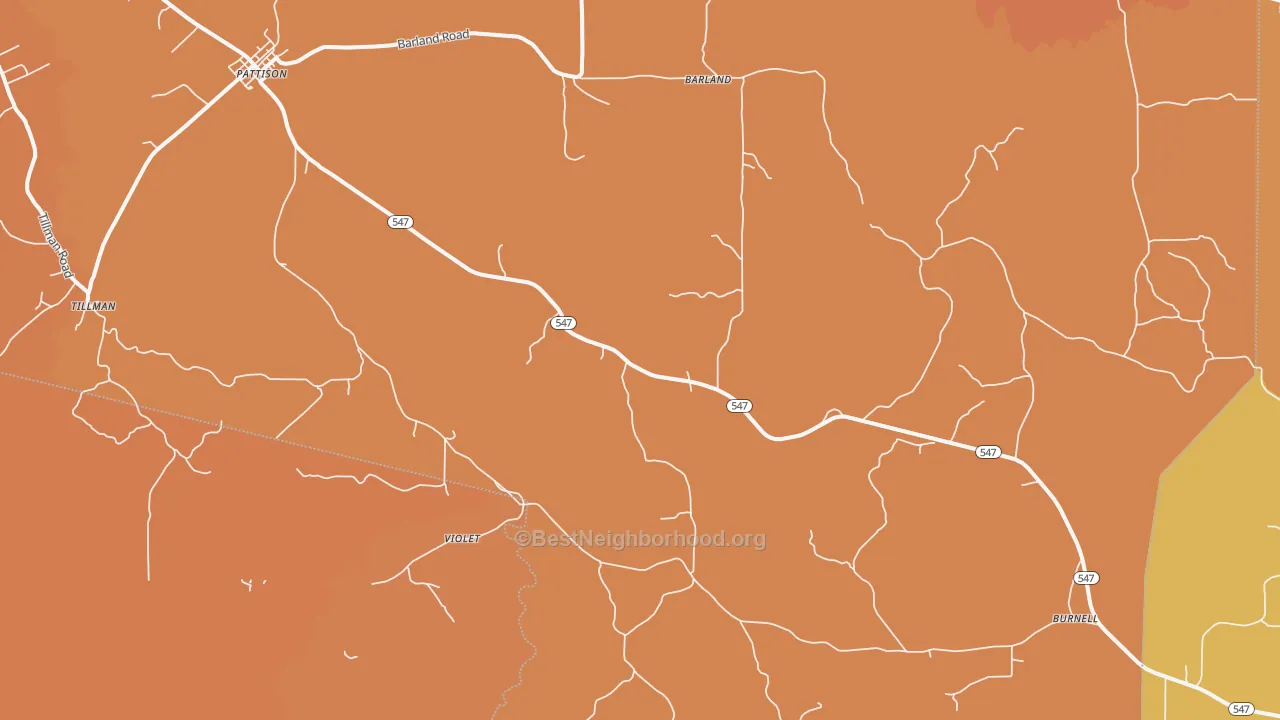 Map of the best neighborhoods in the 39144 area, with better matches in green and worse matches in red