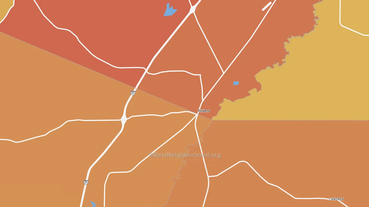 Map of the best neighborhoods in the 39146 area, with better matches in green and worse matches in red