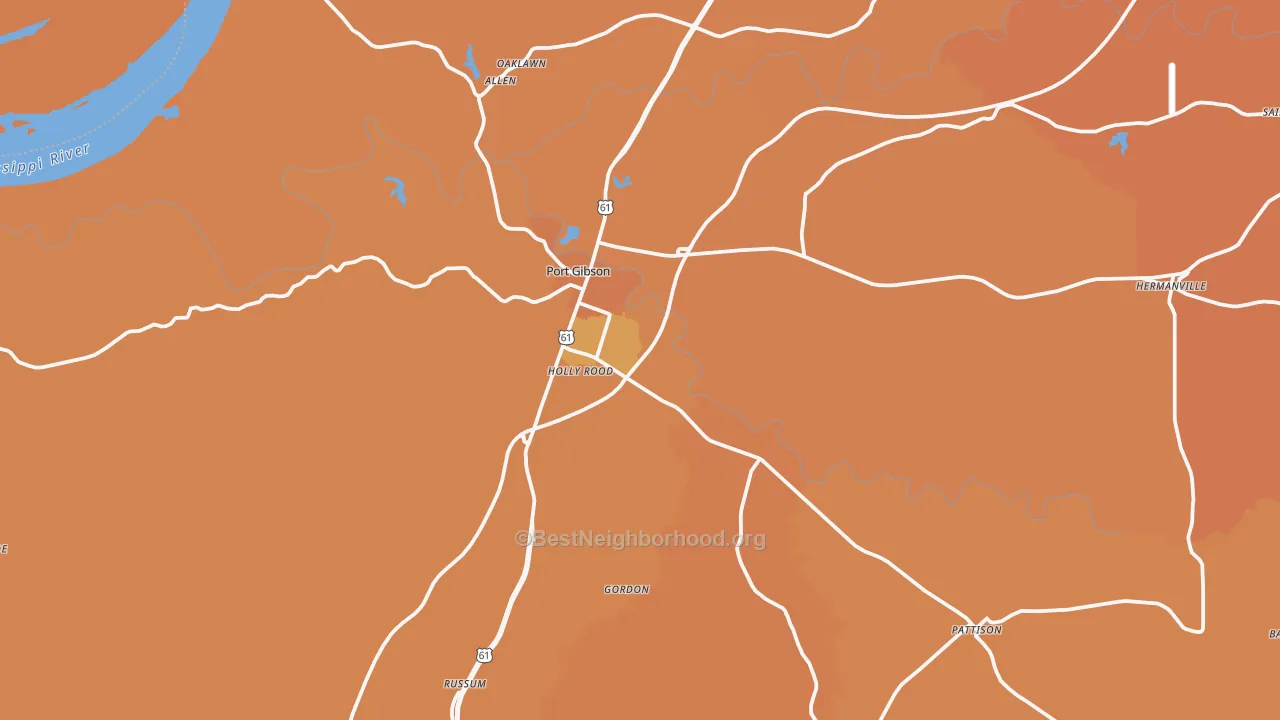 Map of the best neighborhoods in the 39150 area, with better matches in green and worse matches in red