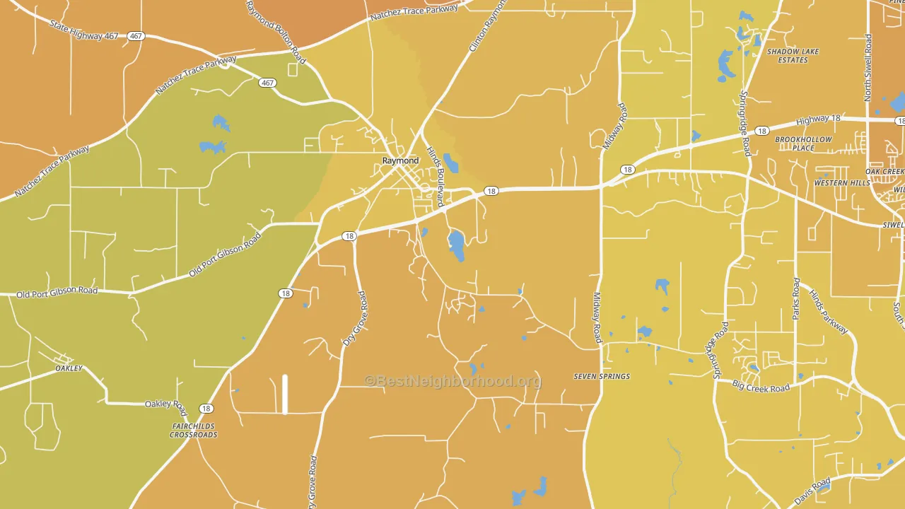 Map of the best neighborhoods in the 39154 area, with better matches in green and worse matches in red