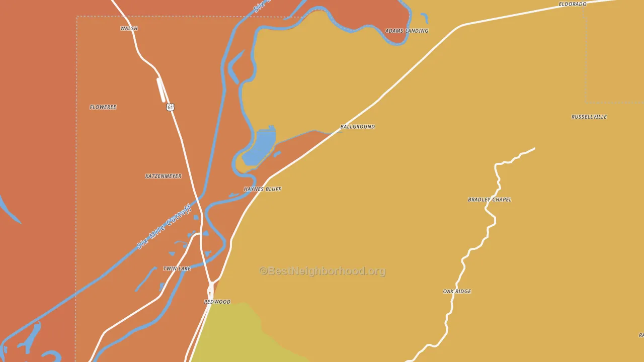 Map of the best neighborhoods in the 39156 area, with better matches in green and worse matches in red