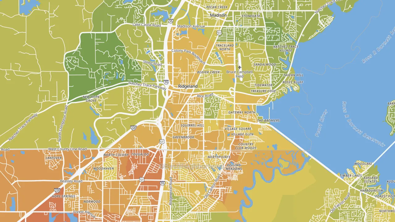 Map of the best neighborhoods in the 39157 area, with better matches in green and worse matches in red