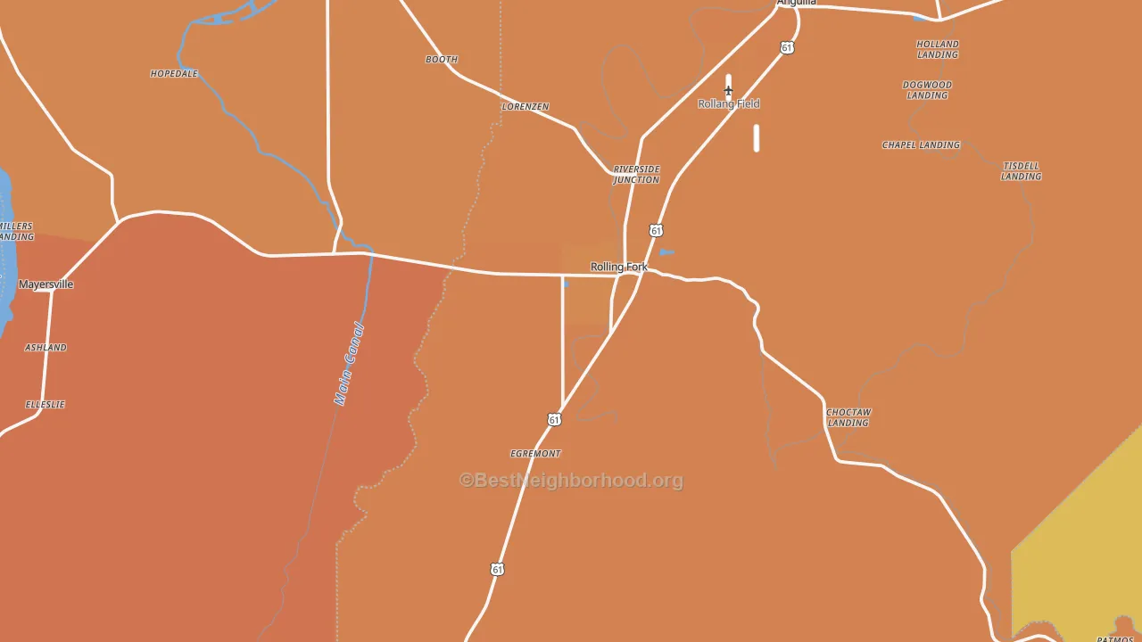 Map of the best neighborhoods in the 39159 area, with better matches in green and worse matches in red
