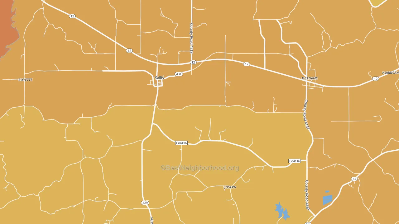 Map of the best neighborhoods in the 39160 area, with better matches in green and worse matches in red