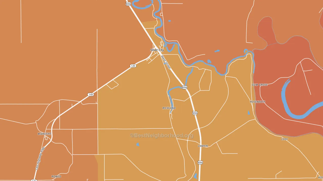 Map of the best neighborhoods in the 39166 area, with better matches in green and worse matches in red