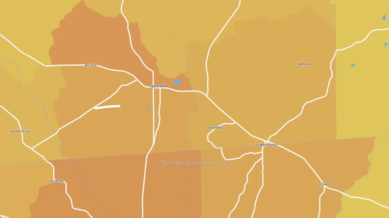 Map of the best neighborhoods in the 39168 area, with better matches in green and worse matches in red