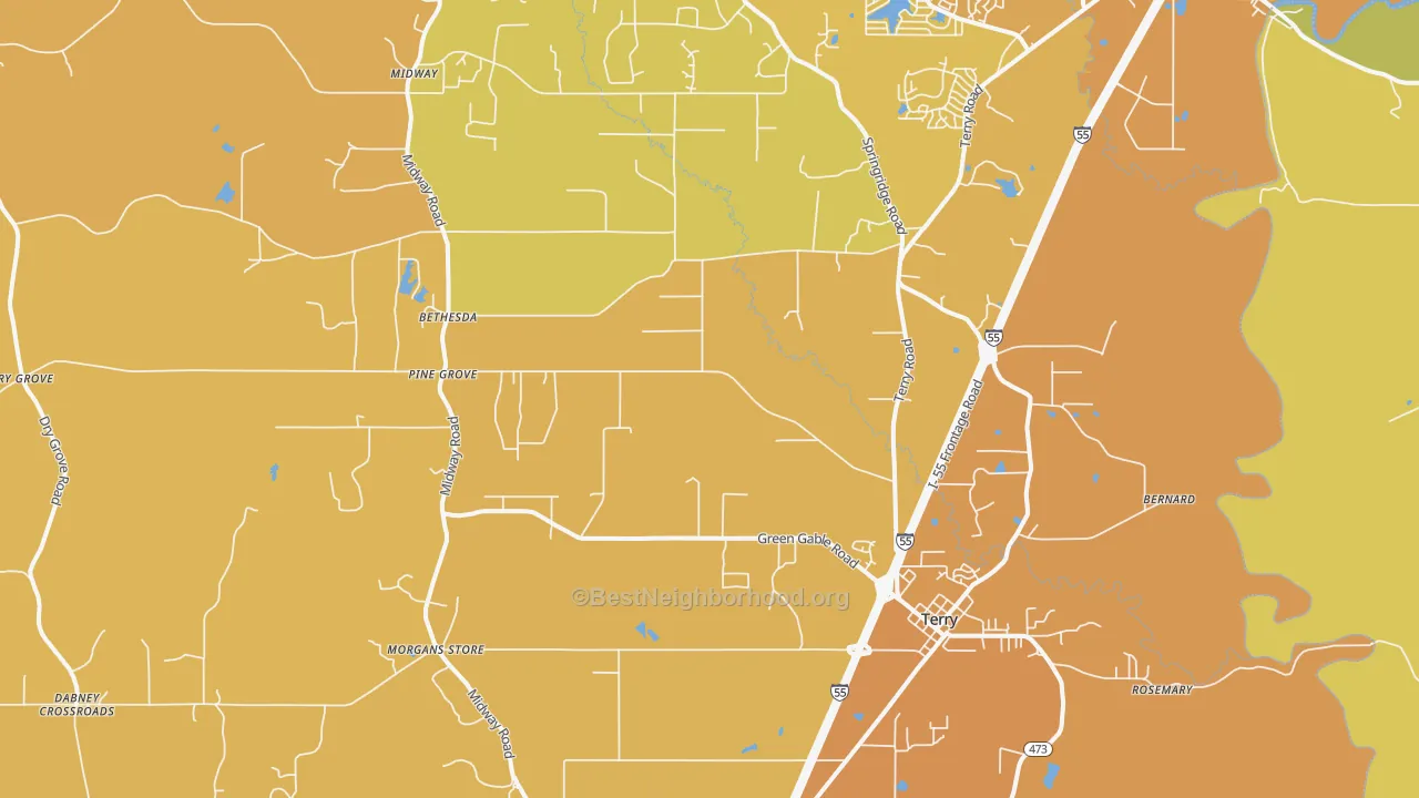 Map of the best neighborhoods in the 39170 area, with better matches in green and worse matches in red