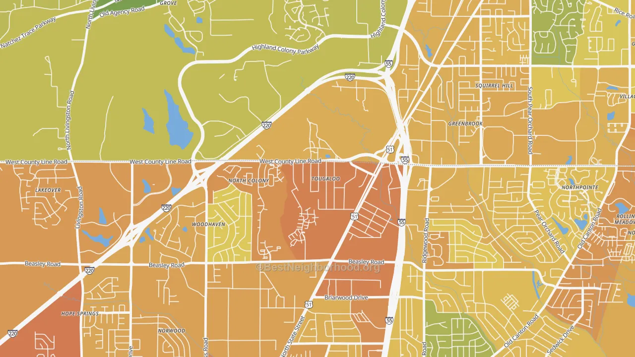 Map of the best neighborhoods in the 39174 area, with better matches in green and worse matches in red