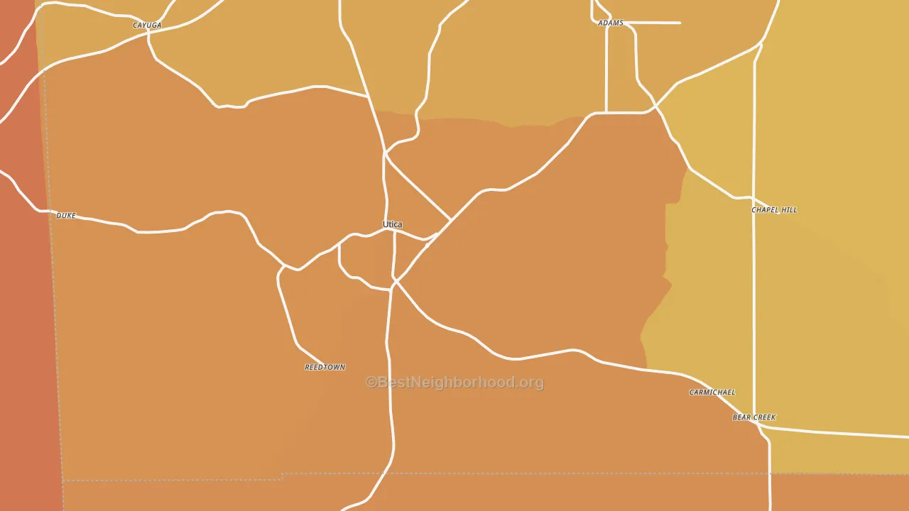 Map of the best neighborhoods in the 39175 area, with better matches in green and worse matches in red