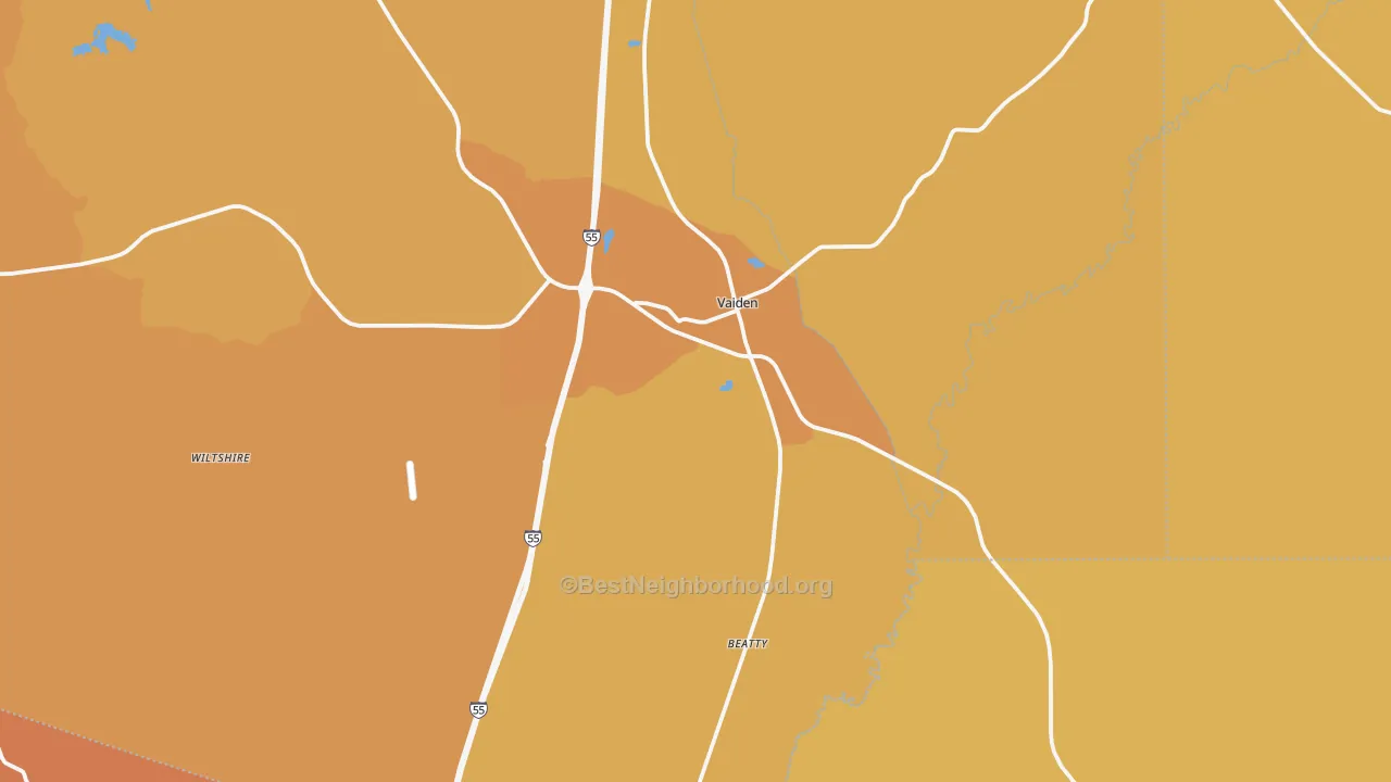 Map of the best neighborhoods in the 39176 area, with better matches in green and worse matches in red