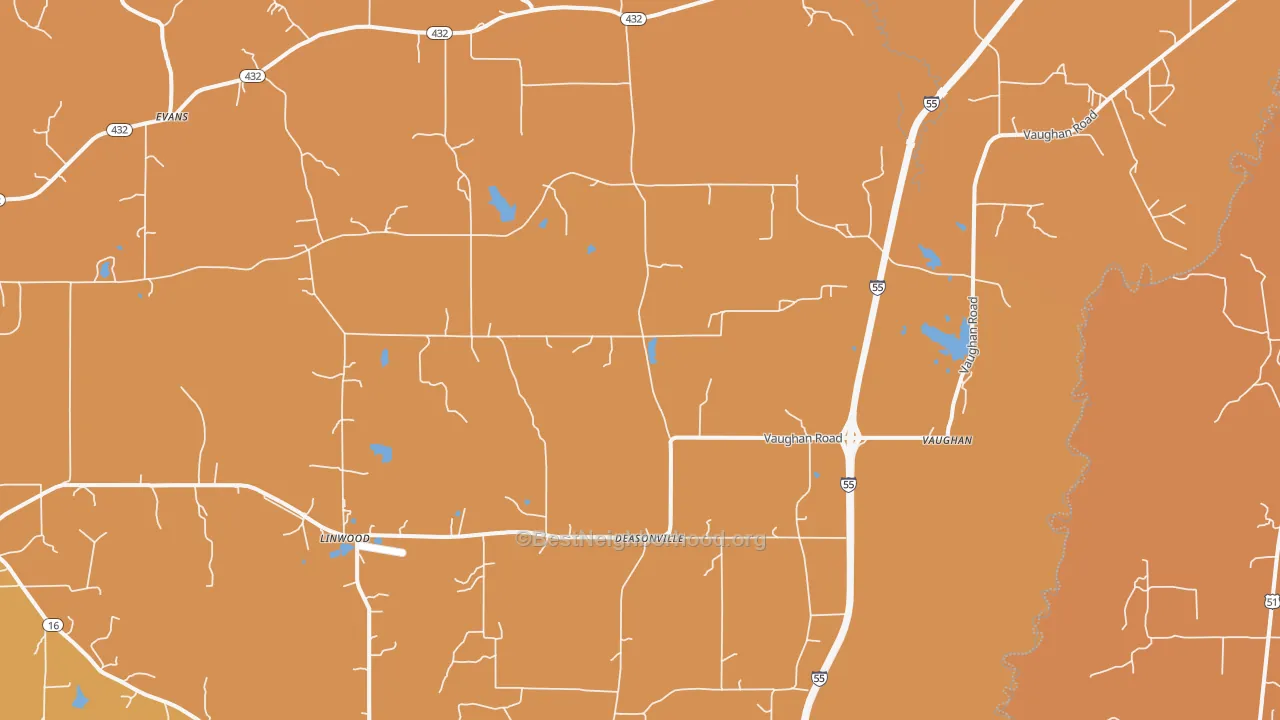 Map of the best neighborhoods in the 39179 area, with better matches in green and worse matches in red