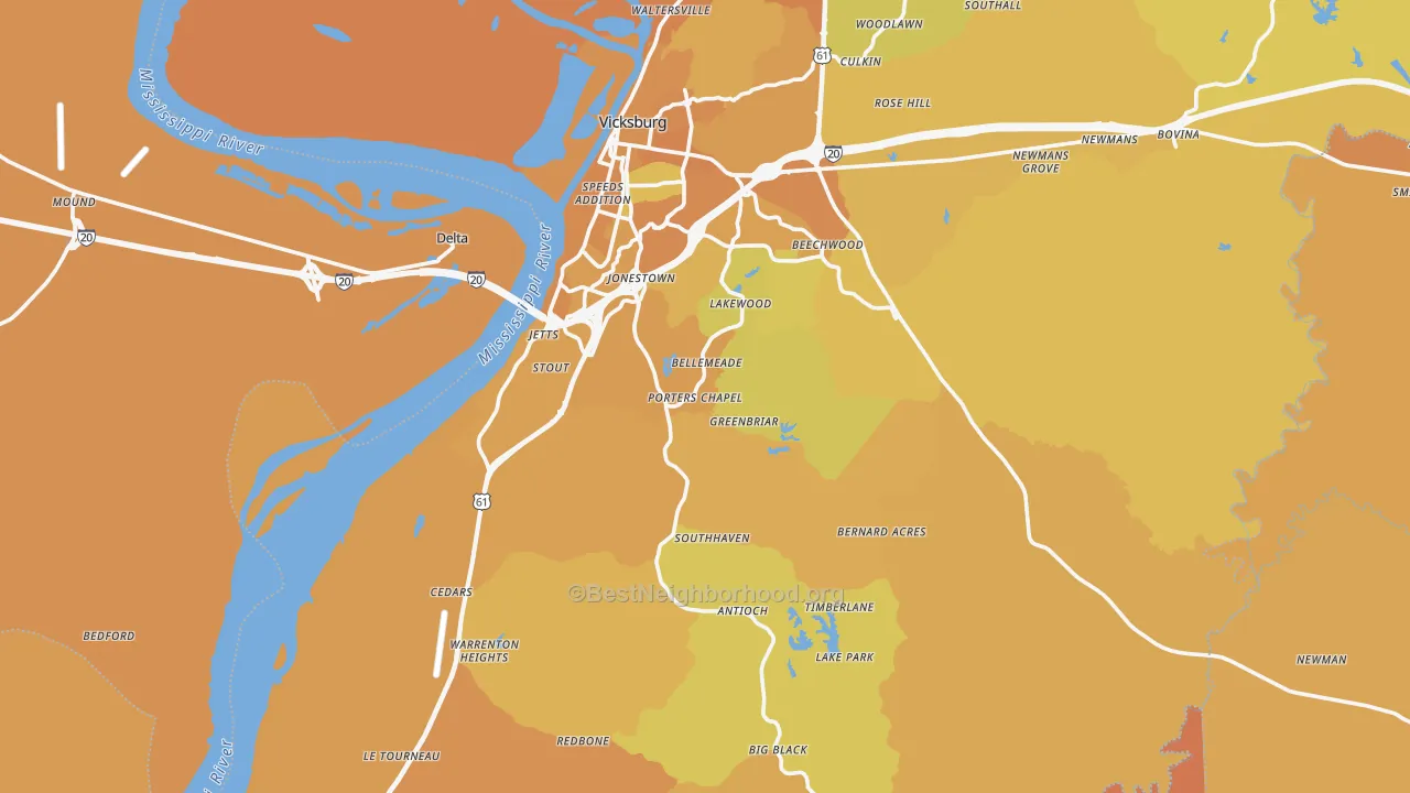 Map of the best neighborhoods in the 39180 area, with better matches in green and worse matches in red