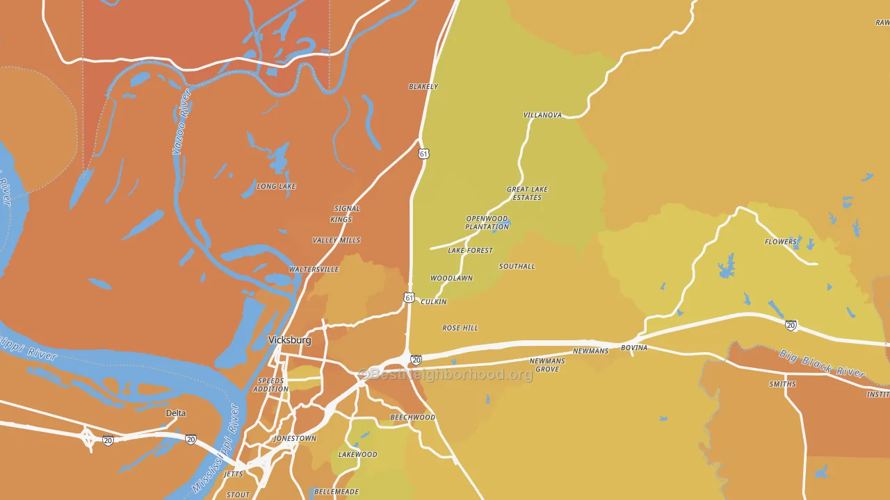 Map of the best neighborhoods in the 39183 area, with better matches in green and worse matches in red