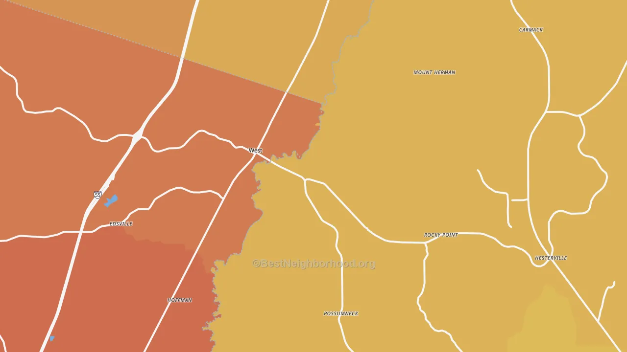 Map of the best neighborhoods in the 39192 area, with better matches in green and worse matches in red