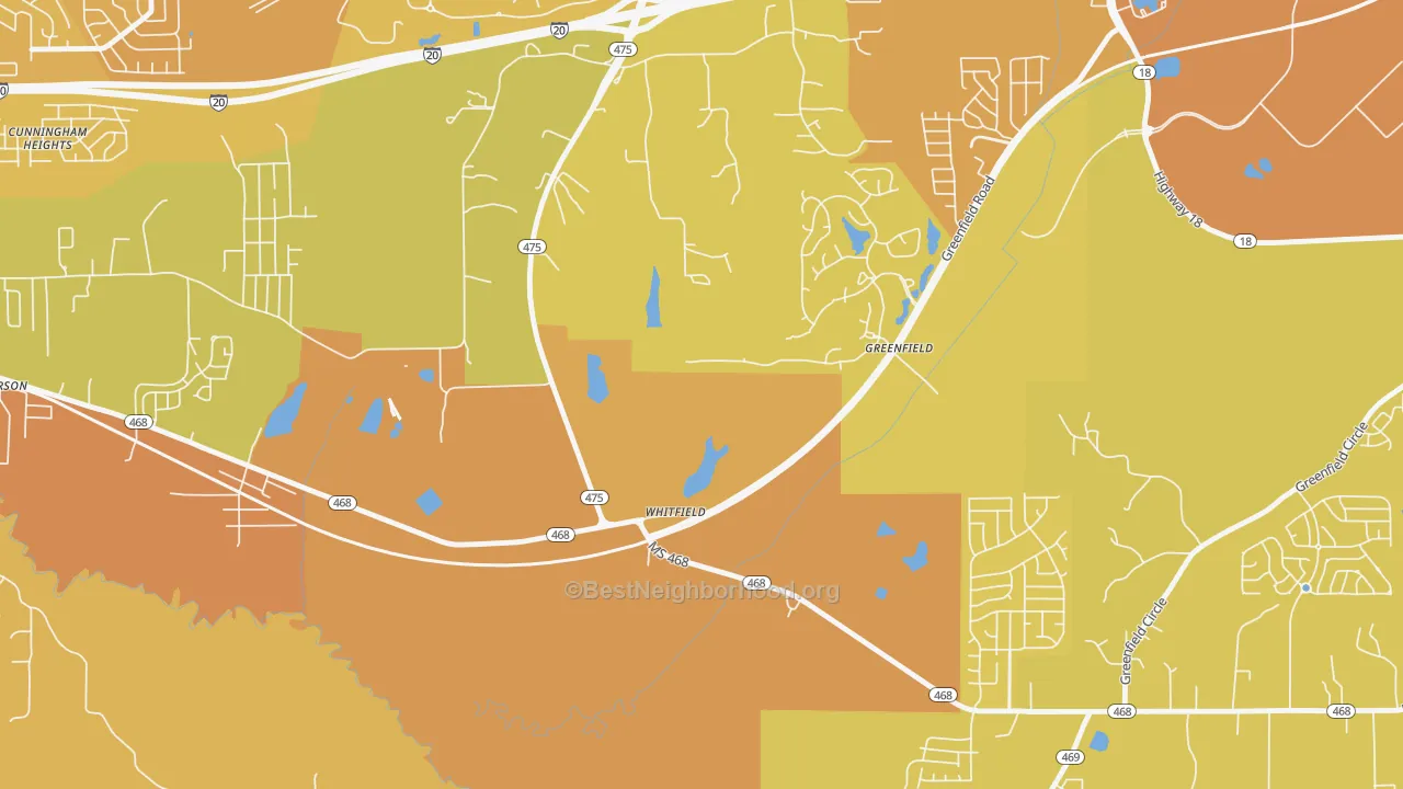 Map of the best neighborhoods in the 39193 area, with better matches in green and worse matches in red