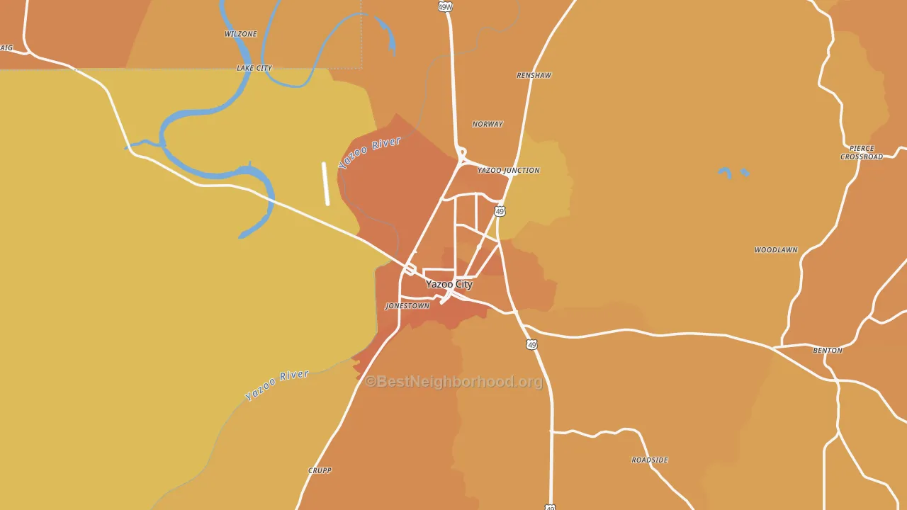 Map of the best neighborhoods in the 39194 area, with better matches in green and worse matches in red