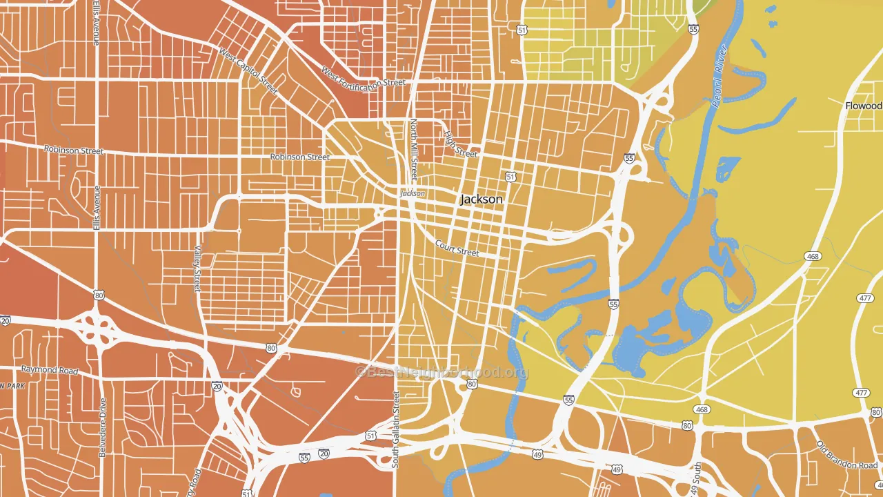 Map of the best neighborhoods in the 39201 area, with better matches in green and worse matches in red