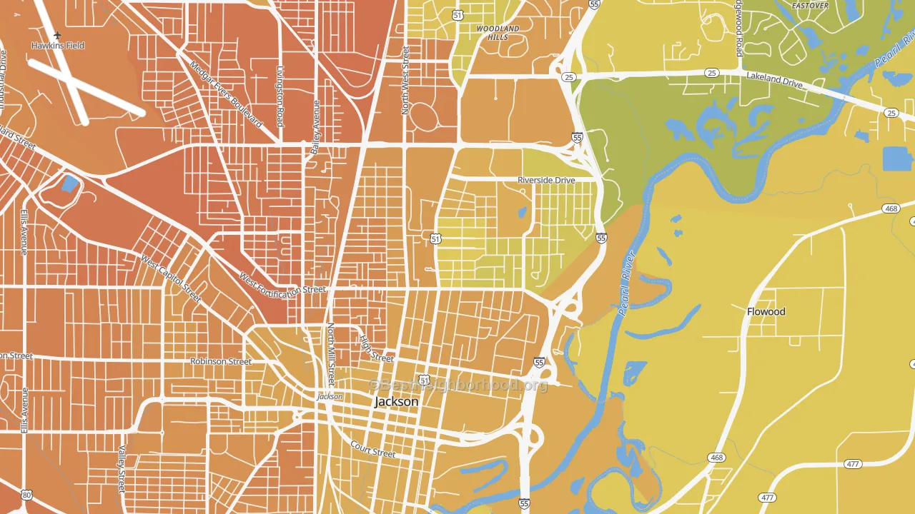 Map of the best neighborhoods in the 39202 area, with better matches in green and worse matches in red