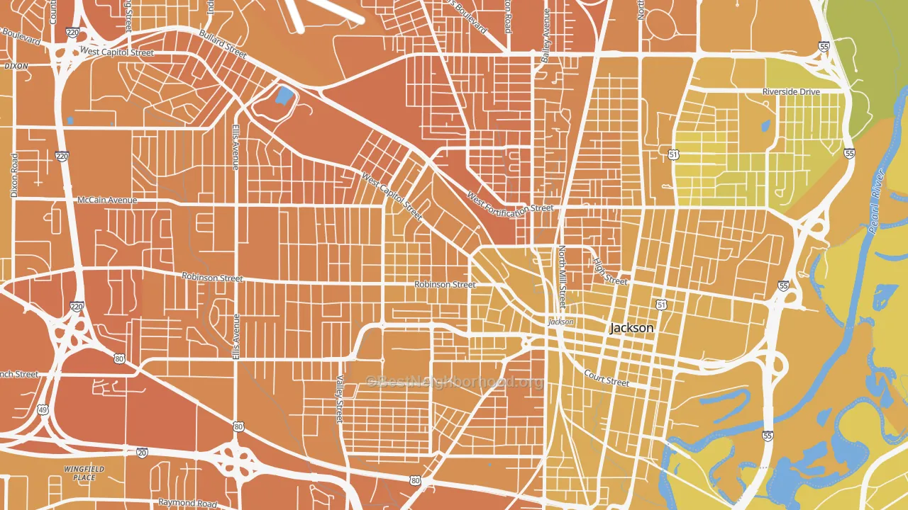 Map of the best neighborhoods in the 39203 area, with better matches in green and worse matches in red