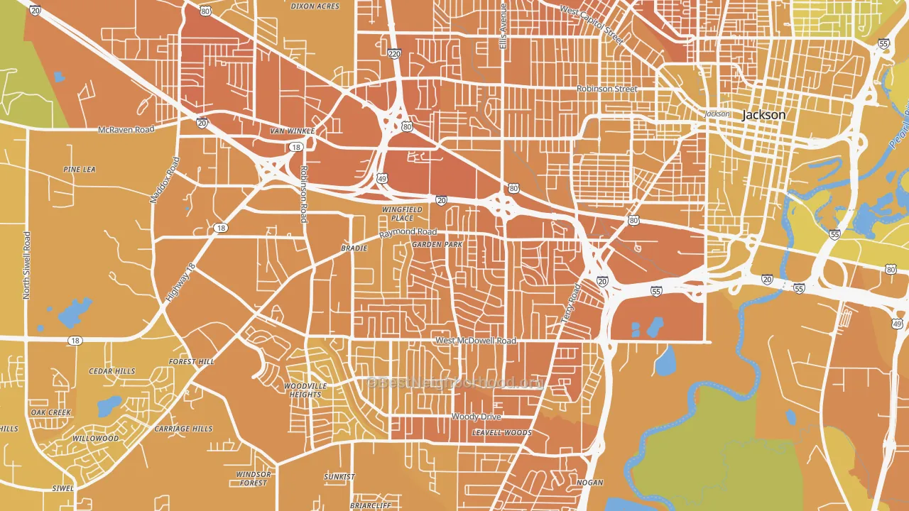 Map of the best neighborhoods in the 39204 area, with better matches in green and worse matches in red