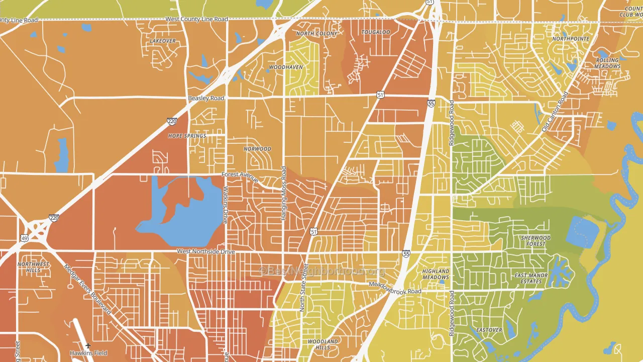 Map of the best neighborhoods in the 39206 area, with better matches in green and worse matches in red