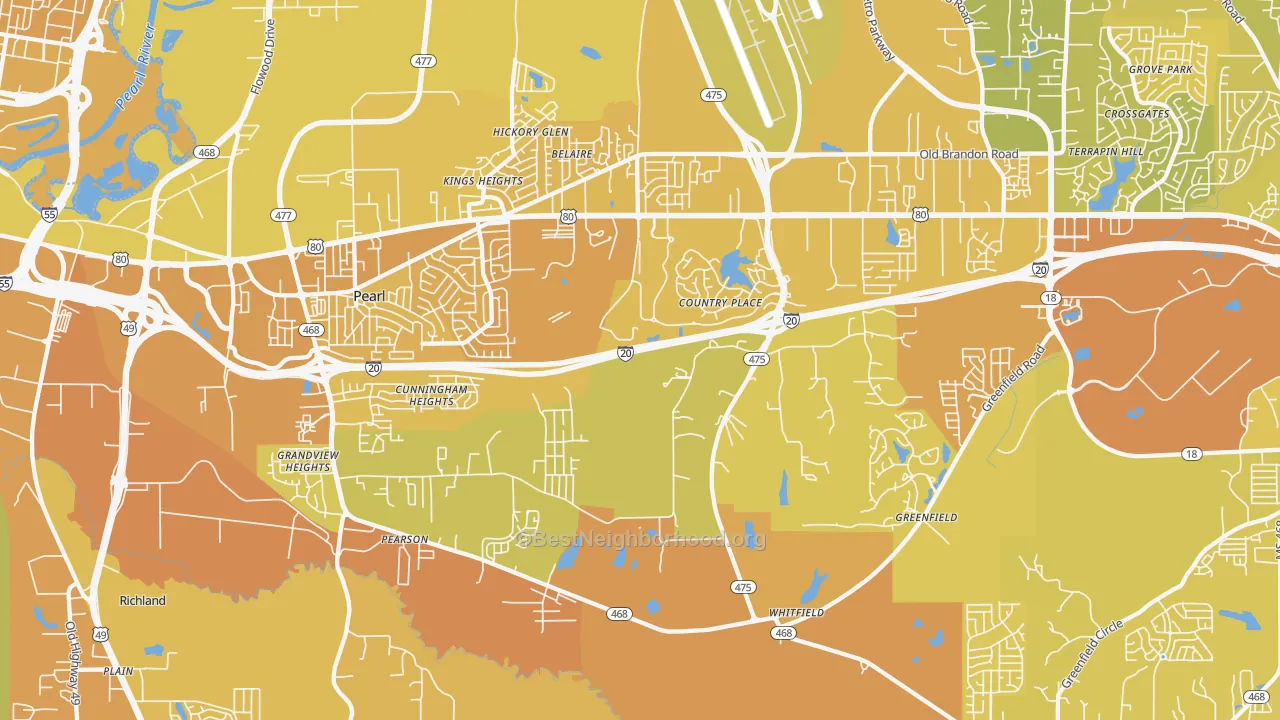 Map of the best neighborhoods in the 39208 area, with better matches in green and worse matches in red