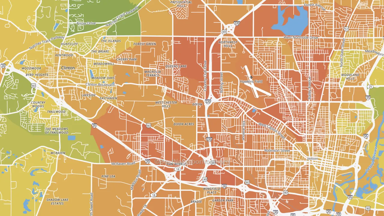 Map of the best neighborhoods in the 39209 area, with better matches in green and worse matches in red