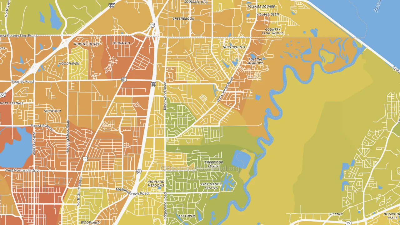 Map of the best neighborhoods in the 39211 area, with better matches in green and worse matches in red